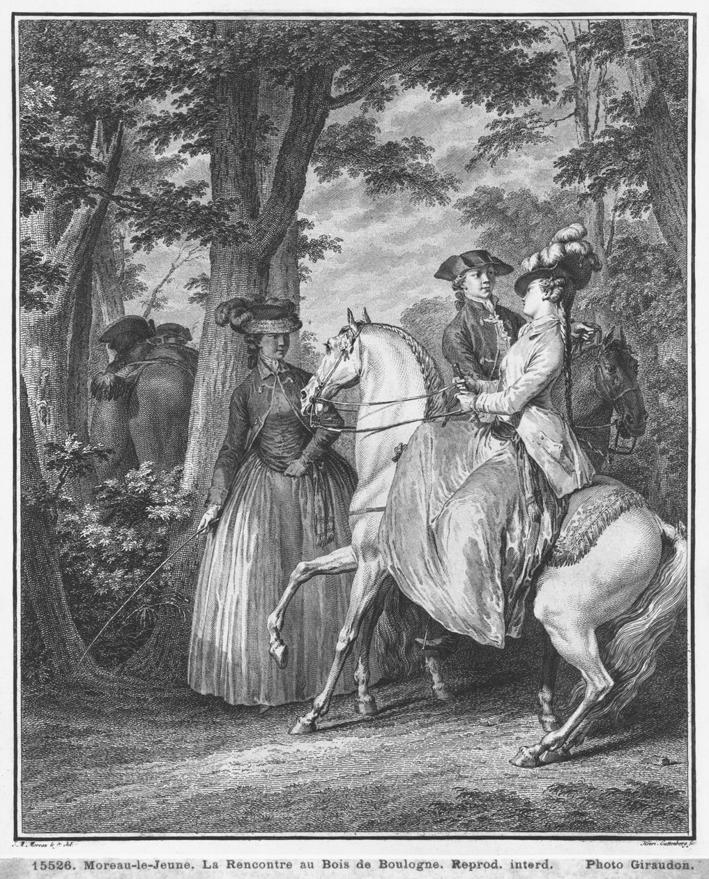 Mötet vid Bois de Boulogne, graverat av Heinrich Guttenberg (1749-1818) c.1777 av Jean Michel the Younger Moreau