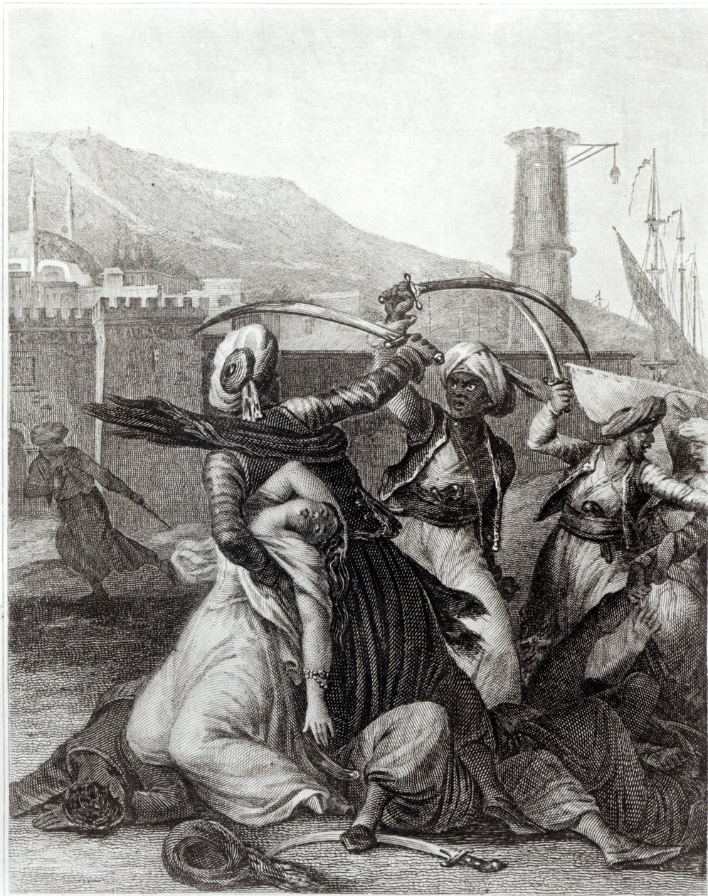 "Min kapten höll mig gömd bakom sig, och med sin dragna scimitar skära ner alla som motsatte sig honom", illustration från kapitel 11 av "Candide" av Francois Voltaire (1694-1778) (gravyr) (s/v foto) av Jean Michel the Younger (after) Moreau