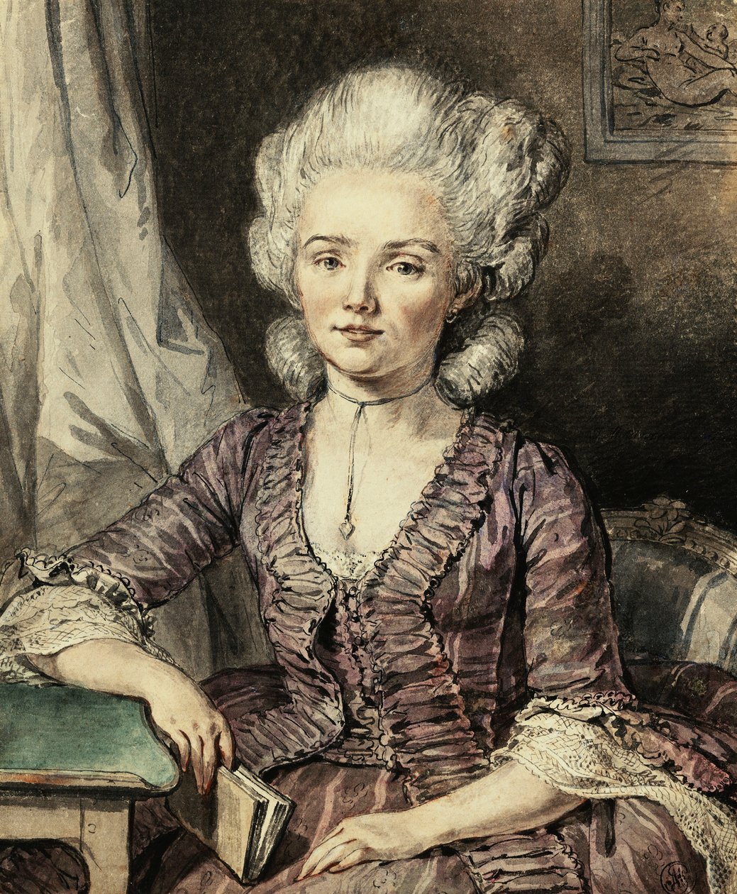 En ung dam som sitter vid ett bord med en bok, 1785 av Jean Michel the Younger Moreau