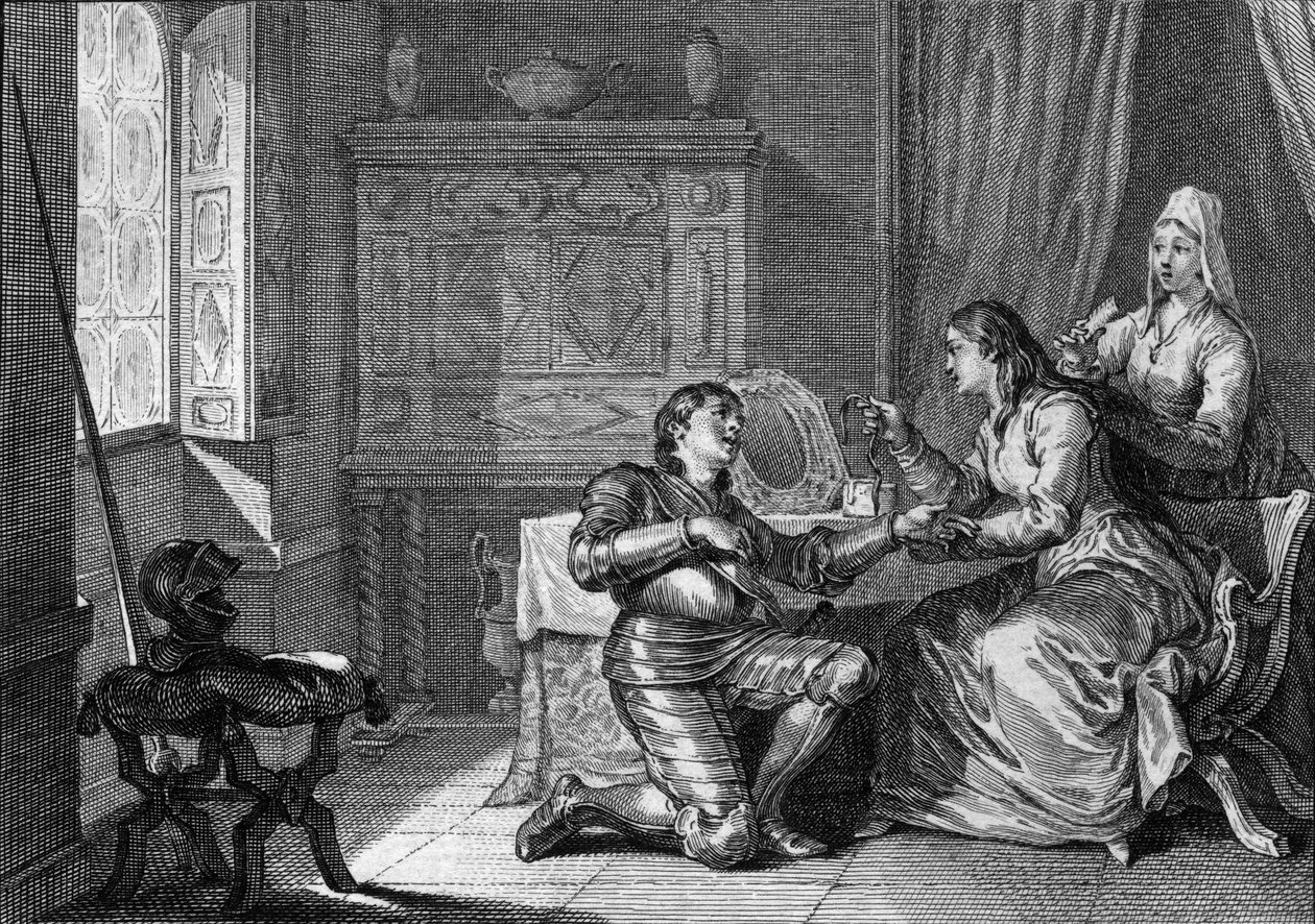 En kvinna erbjuder ett tygarmband av sitt hår till en riddare som ett löfte om kärlek. 10-11-talet. Gravyr av Jean Michel Moreau, dit Moreau le Jeune (1741-1814) av Jean Michel the Younger Moreau