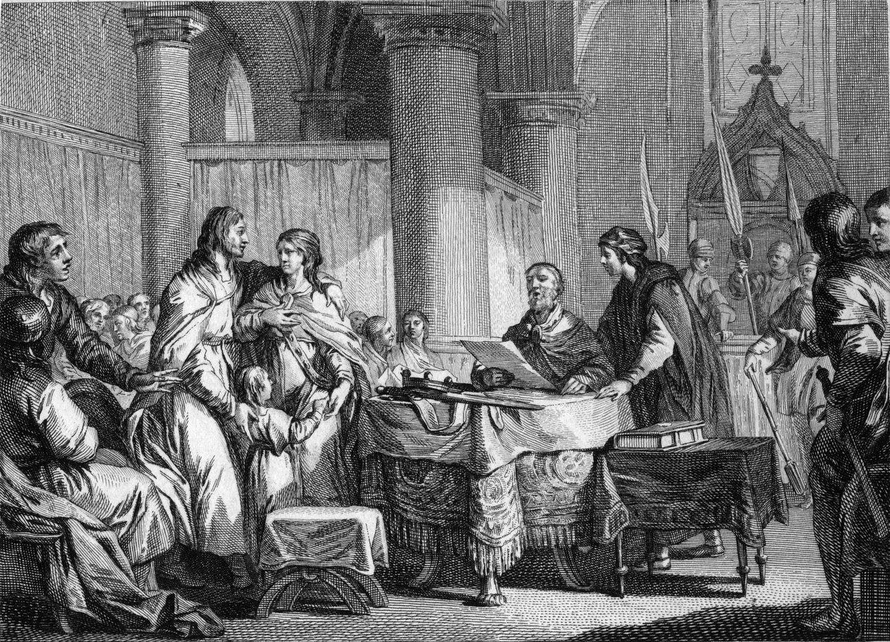 Abdikation av Carloman (ca. 715-754), borgmästare i palatset i Austrasien, till förmån för sin bror, Pepin III dit Pepin le Brief (714-768), 747. Gravyr av Jean Michel Moreau, dit Moreau le Jeune ( 1741-1814) av Jean Michel the Younger Moreau