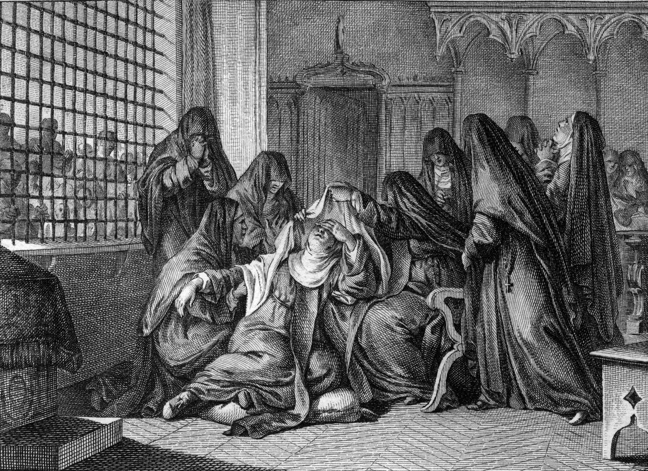 Abelard och Heloise: Heloise (1101-1164) tar slöjan vid klostret för kvinnorna i Argenteuil. Gravyr av Jean Michel Moreau, dit Moreau le Jeune (1741-1814) av Jean Michel the Younger Moreau
