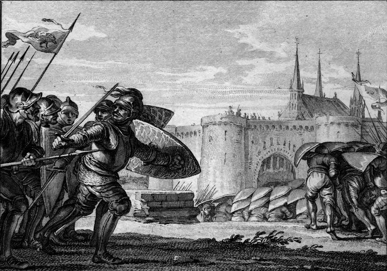 Vikingarmén attackerar Saint Germain des Pres (Saint-Germain-des-Pres) och hans kloster. 900-talet (Karl II den skalliges regeringstid). Gravyr av Jean Michel Moreau, känd som Moreau den yngre (1741-1814) av Jean Michel the Younger Moreau