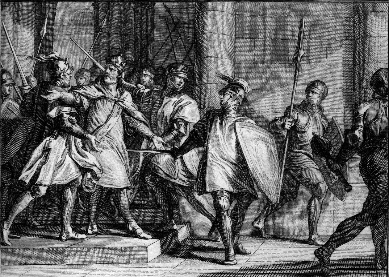 Gripande av Ludvig 1. den fromme eller Debonnaire (778-840), 830: hans tre söner (Lothaire, Pepin och Ludvig) kretsar mot hans beslut att inkludera sin sista son, den framtida Karl den skallige, i hans arv. Gravyr av Jean Michel Moreau, dit Moreau le av Jean Michel the Younger Moreau