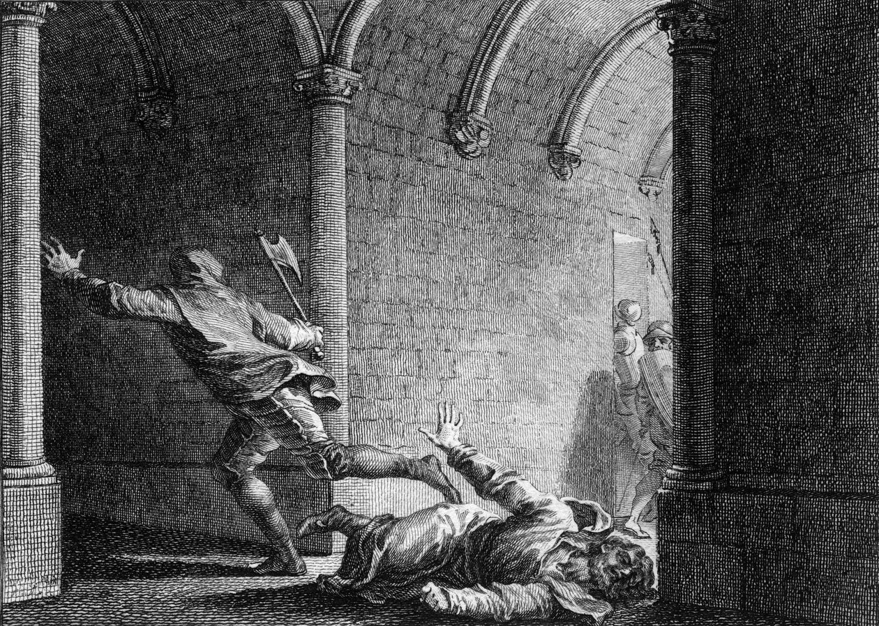 Mordet på Ebroin, borgmästare i Neustria Palace, 681: han dödades med en yxa av Hermanfroi, herre som han hade rånat på sin egendom. Gravyr av Jean Michel Moreau, dit Moreau le Jeune (1741-1814) av Jean Michel the Younger Moreau