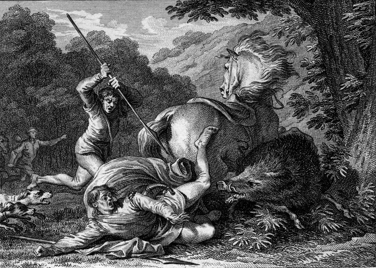 Carloman II dog (867-884) i ett jaktspel, 884. En tjänare vill hjälpa kungen att attackera av ett vildsvin och trycker av misstag in sin spion i hans lår. Gravyr av Jean Michel Moreau, dit Moreau le Jeune (1741-1814) av Jean Michel the Younger Moreau