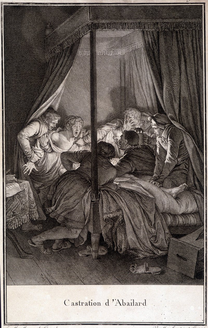 Kastrering av Pierre Abélard eller Pierre Abailard Fransk filosof och teolog (1079 till 1142). gravyr av Moreau. av Jean Michel the Younger Moreau