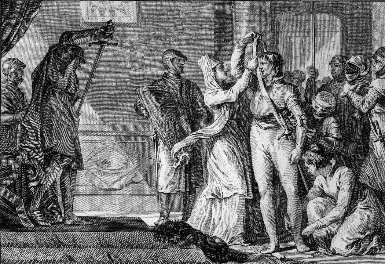 Ceremoni för mjukgöring under capetianerna: kvinnor sätter ett bälte och gyllene sporrar på en ung man som gjorts till riddare, medan godsherrarna täcker honom med hans rustning. 10-11-talet. Gravyr av Jean Michel Moreau, dit Moreau le Jeune (1741-1814) av Jean Michel the Younger Moreau