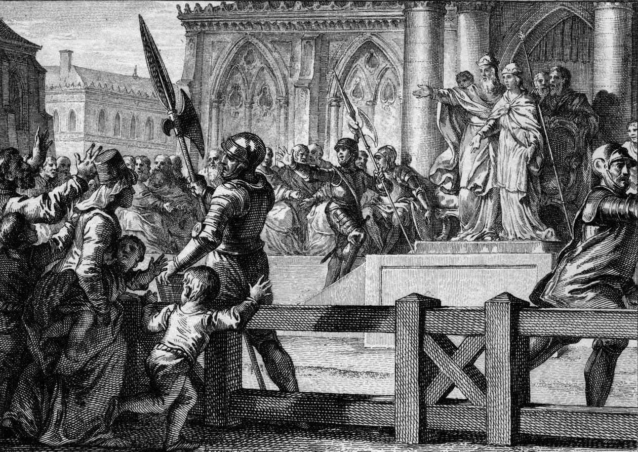 Karl den Store (747-814) presenterar för folket sin efterträdare, sin son Ludvig av Aquitaine (Louis I den fromme eller Debonnaire, 778-840). Aix la Chapelle, 813. Gravyr av Jean Michel Moreau, dit Moreau le Jeune (1741- 1814) av Jean Michel the Younger Moreau