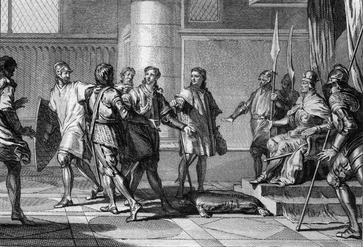 Charles (953-991), bror till kung Lothaire, hyllar Otton (Othon) II (955 - 983), kejsare av det heliga romerska riket. Den senare skapade hertigen av Nedre Lorraine (Nedre Lotharingen) och utnämnde Karl till hertig av Nedre Lotharingen, 977. Gravyr av Jean Michel the Younger Moreau