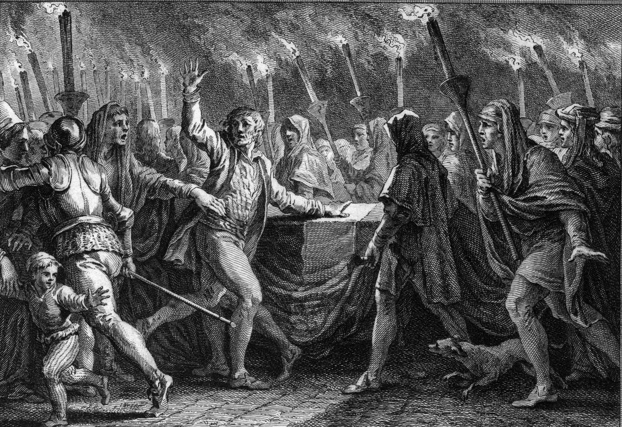 Clameur de haro vid begravningen av Vilhelm Erövraren (1027-1087) i klostret Saint Etienne de Caen (Normandie) av Jean Michel the Younger Moreau