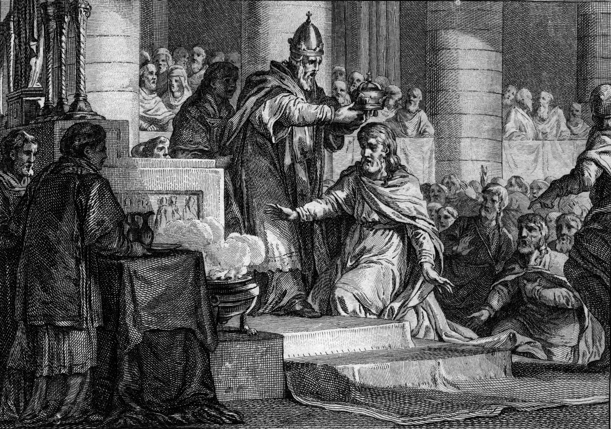 Karl den Stores kröning, 25 december 800: Frankernas kung (747-814) invigs till kejsare av västerlandet av påven Leon III (750-816) i Peterskyrkan i Rom. Gravyr av Jean Michel Moreau, dit Moreau le Jeune (1741-1814) av Jean Michel the Younger Moreau
