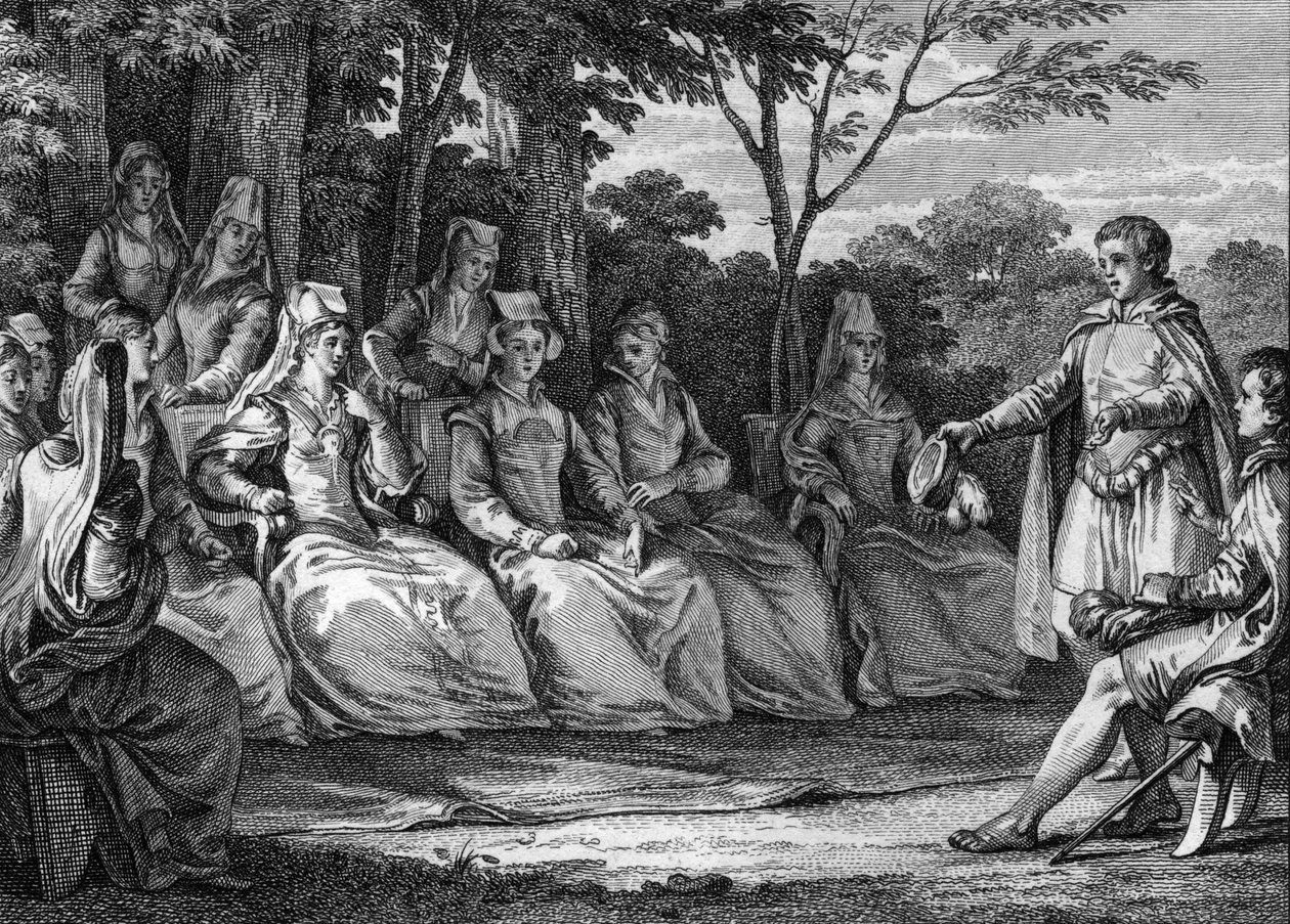 Kärlekens domstol under medeltiden i närvaro av trubadurerna - Gravyr av Jean Michel Moreau, dit Moreau le Jeune (1741-1814) av Jean Michel the Younger Moreau