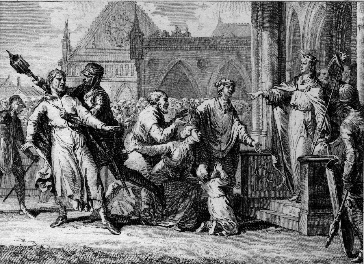 Dagobert 1:a (602/605-638), Frankernas kung, försöker hävda den kungliga auktoriteten i Bourgogne genom att höra invånarnas klagomål mot deras herrar. Gravyr av Jean Michel Moreau, dit Moreau le Jeune (1741-1814) av Jean Michel the Younger Moreau