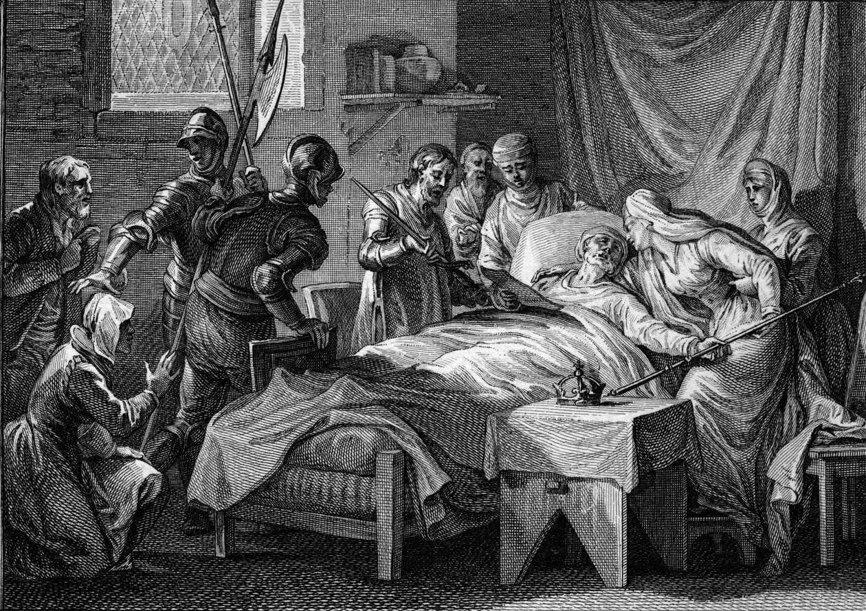 Död och arv efter Karl II den skallige (823-877), 877: kungen överlämnade till kejsarinnan kejsarkronan, hans gyllene spira, Sankt Peters svärd och ett testamente genom vilket han utser sin son Ludvig Begue till arv . Gravyr av J av Jean Michel the Younger Moreau