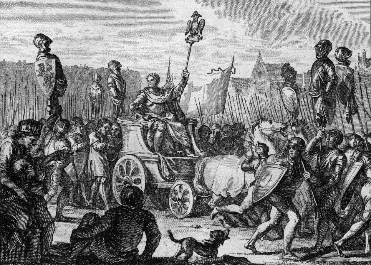 Defile av Philip II Auguste (1165-1223) på Paris gator, efter den franska arméns seger mot flamländarna och Welfs av Othon IV i slaget vid Bouvines av Jean Michel the Younger Moreau