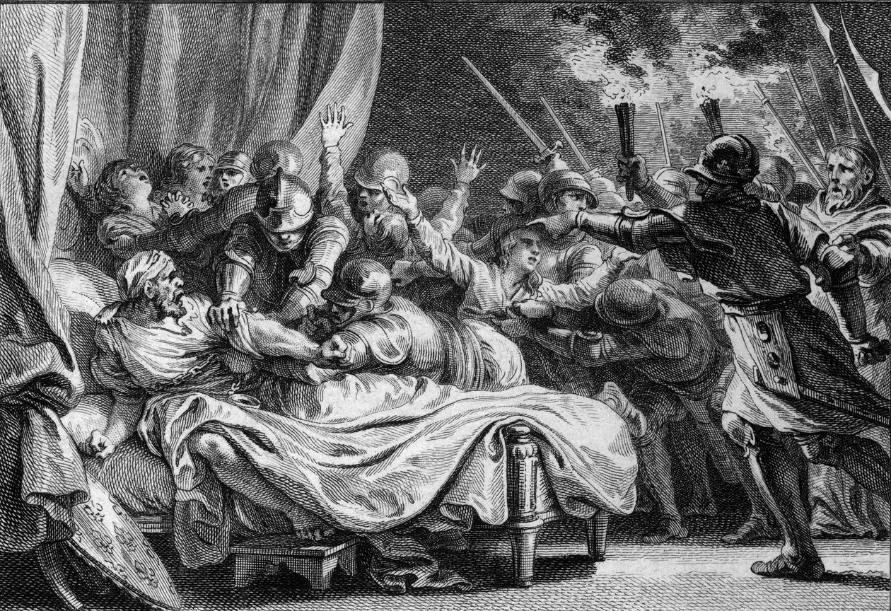 Slutet av den karolingiska dynastin, 988: arrestering av Karl (953-991), hertig av Nedre Lorraine, av Hugues Capet (941-996) och hans armé. Gravyr av Jean Michel Moreau, dit Moreau le Jeune (1741-1814) av Jean Michel the Younger Moreau