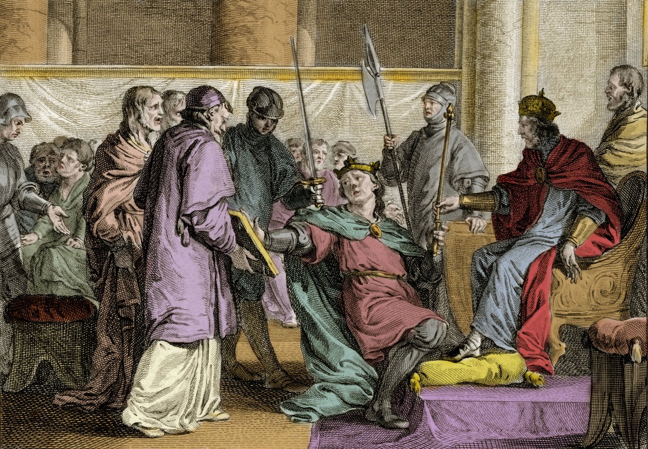 Erispoe (död 857), kung av Bretagne (Herispogius - Hervspogius - Respogius) fick rikets utsmyckningar från Karl II den skalliges händer (823-877), 851. Gravyr av Jean Michel Moreau, dit Moreau le Jeune (1741) - 1814) av Jean Michel the Younger Moreau