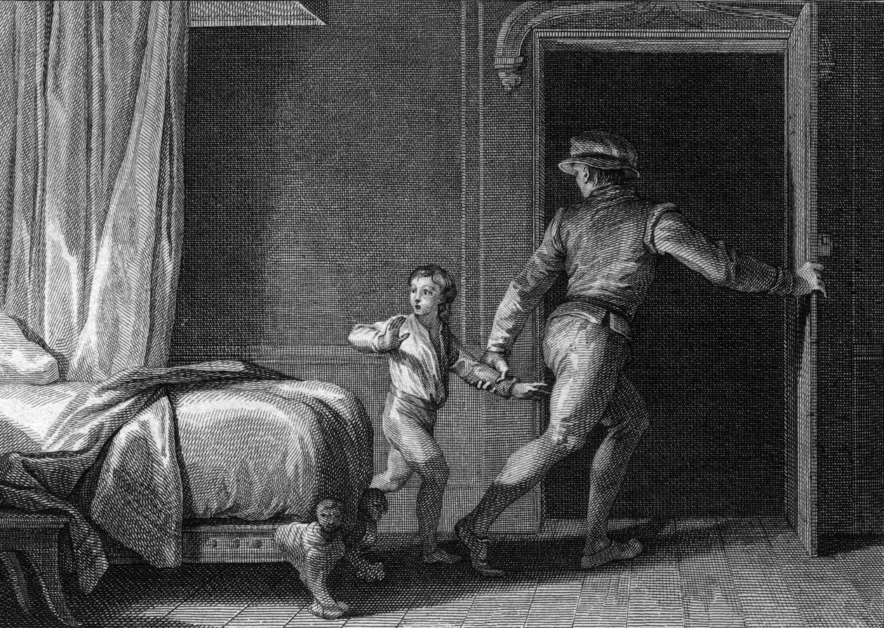 Escape of Richard, Duke of Nomandie, 944: hölls fången i Frankrike av kung Ludvig IV av Outremer, den framtida Richard I av Normandie (930-996) släpptes tack vare hjälp av Osmond, en av dessa officerare. Gravyr av Jean Michel Moreau, dit Moreau le Jeun av Jean Michel the Younger Moreau