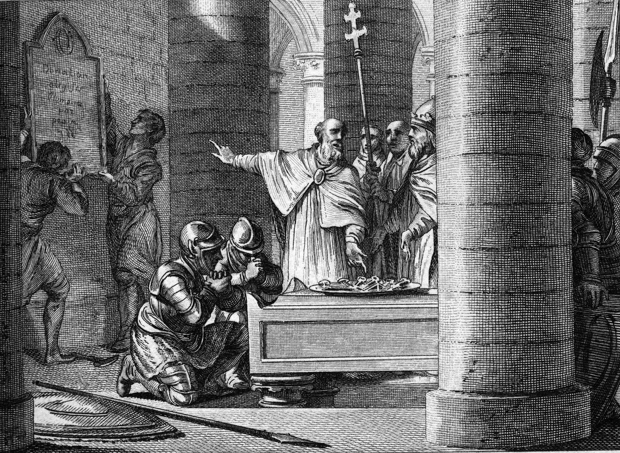 Fulrade (Fulrad), den store prästen av Pepin the Brief, erbjöd påven Stefan II nycklarna till femton städer tagna från langobarderna som skulle utgöra grunden för den påvliga staten (755). På knä, de två sönerna till Pepin le Brief: Charles och Carloma av Jean Michel the Younger Moreau