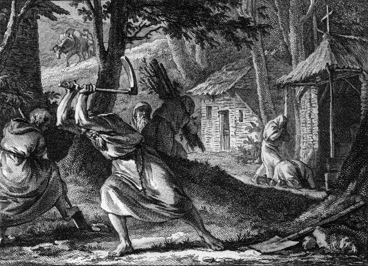 Hermiter som bor i ett samhälle i en fransk skog, sent 11:e-början av 1100-talet. Gravyr av Jean Michel Moreau, dit Moreau le Jeune (1741-1814) av Jean Michel the Younger Moreau