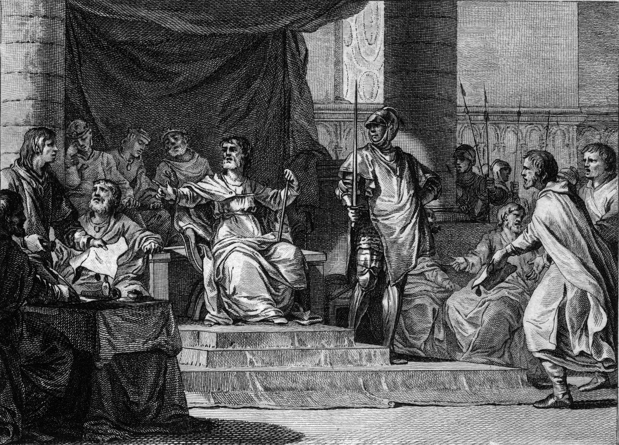 Fantasifull representation av merovingernas "lata kungar": Clovis III (682-695), Childebert III (683-711) och Dagobert III (cirka 697-715) sover och sitter bakom borgmästaren i Pepin le Jeune eller Herstal Palace (cirka 653-714). Gravyr av Je av Jean Michel the Younger Moreau