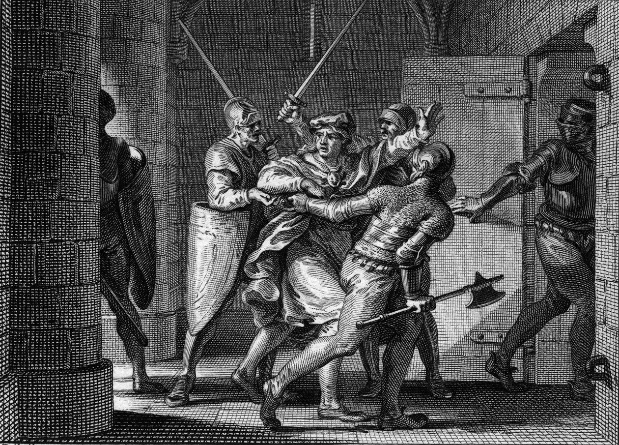 Fängelse av Karl III den Enkle (879-929), 923: Den förre kungen av Frankerna förråddes av den senare och skickades till fängelse, eftersom han trodde att han skulle finna en fristad hos Herbert av Vermandois. Gravyr av Jean Michel Moreau, dit Moreau le Jeu av Jean Michel the Younger Moreau