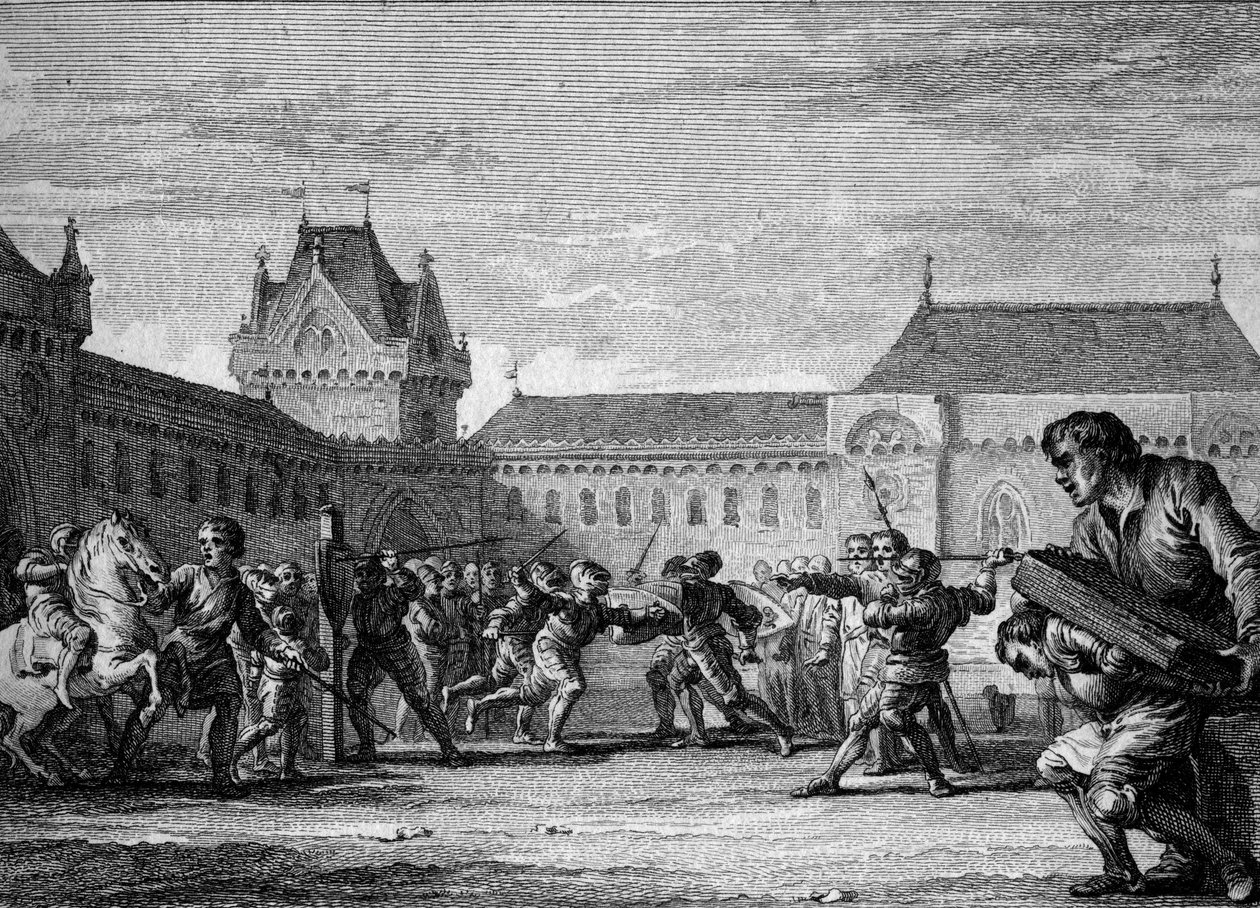 Inrättning av sidor: inrättande av utbildning i sidmetiers fysiska och hemliga uppgifter. Karolingisk tid, Karl den Stores regne, 800-900-talet. Gravyr av Jean Michel Moreau, dit Moreau le Jeune (1741-1814) av Jean Michel the Younger Moreau