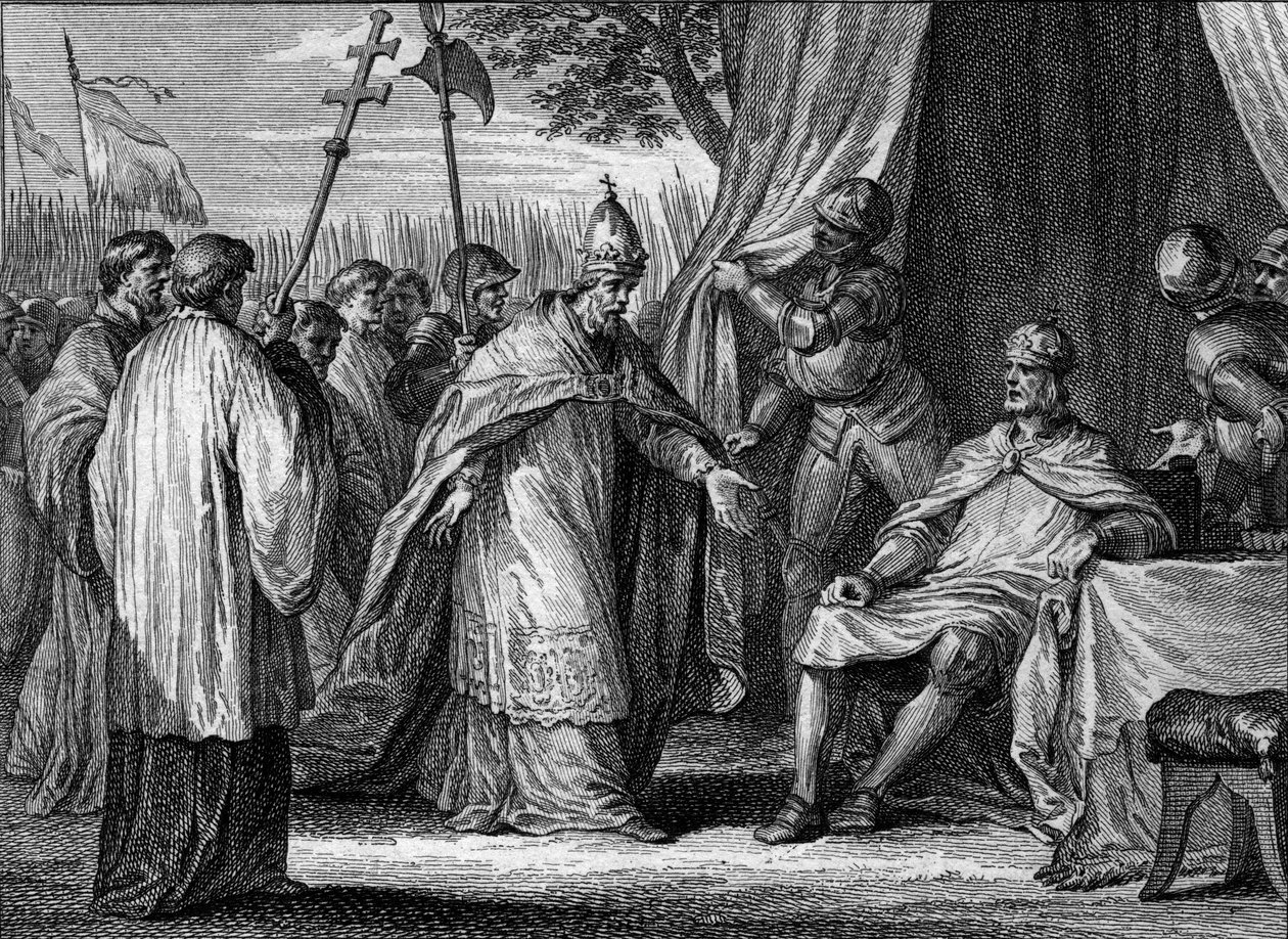 Intervju mellan påven Gregoire IV (död 844) och Ludvig I den fromme eller Debonnaire (778-840), 833, för att lösa tvisten mellan kungen och hans söner, Lothaire, Pepin och Ludvig. Gravyr av Jean Michel Moreau, dit Moreau le Jeune (1741-18 av Jean Michel the Younger Moreau
