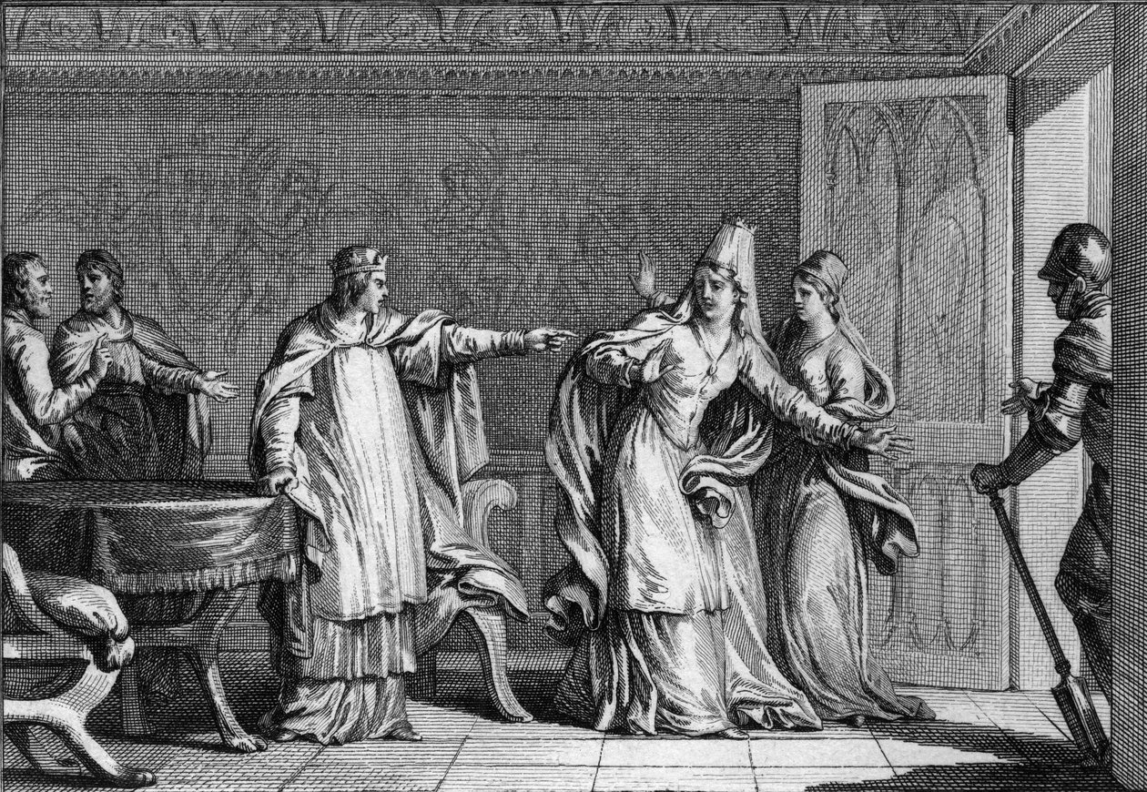 Louis V the Faineant (966-987), kung av frankerna, utvisar sin mor, drottning Emma av Italien (945-988), anklagad för att ha förgiftat hennes man, kung Lothaire (941-986), 987. Gravyr av Jean Michel Moreau , dit Moreau le Jeune (1741-1814) av Jean Michel the Younger Moreau