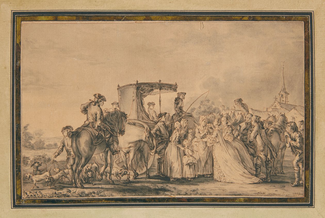 Marie Antoinette, går ur sin vagn och omgiven av sin kortege, tröstar en bonde, 1773 av Jean Michel the Younger Moreau