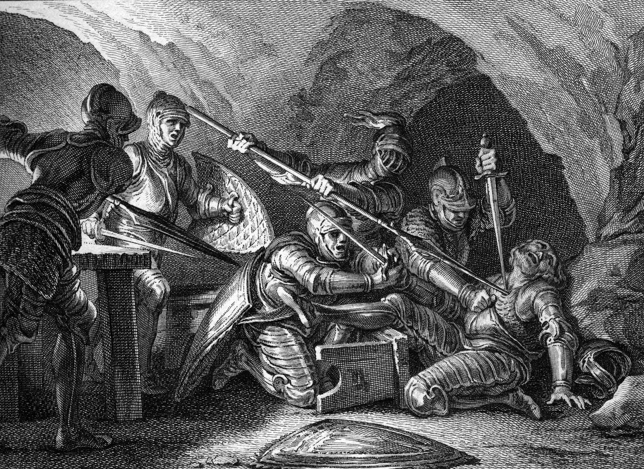 Möte av hertigdömet Aquitaine till kronan: Mordet på Waifre (eller Gaifier), hertigen av Aquitaine (767 eller 768). Gravyr av Romanet efter Moreau le jeune (1779). av Jean Michel the Younger Moreau