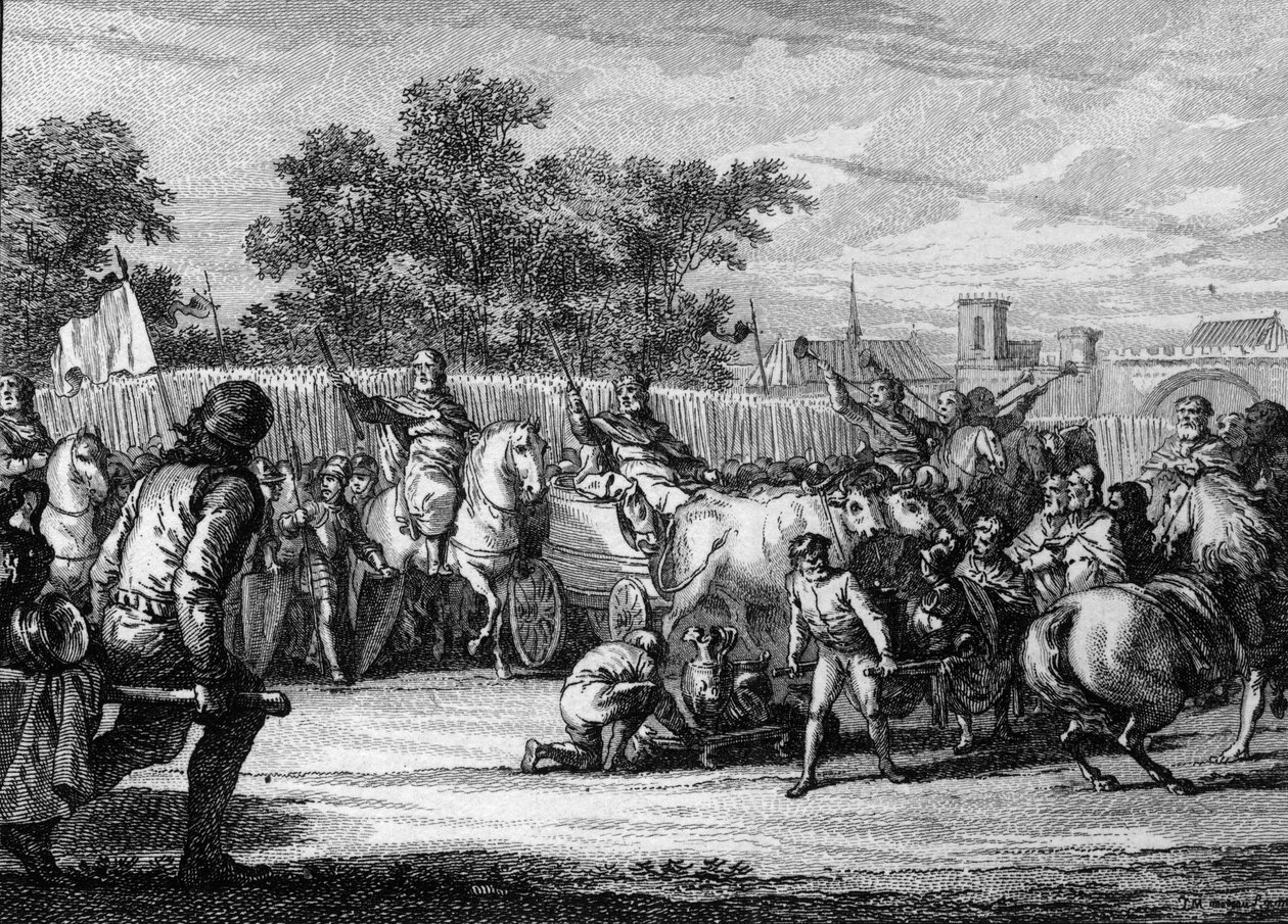 Merovingertiden; kungens ankomst under ett "Marsfält"". Kungen klättrade på en vagn avfyrad av oxar, trumpeter tillkännager hans ankomst. Vid hans sida, borgmästaren i palatset, ridande med Baton de Commandant. Gravyr av Jean Michel Moreau, dit More av Jean Michel the Younger Moreau