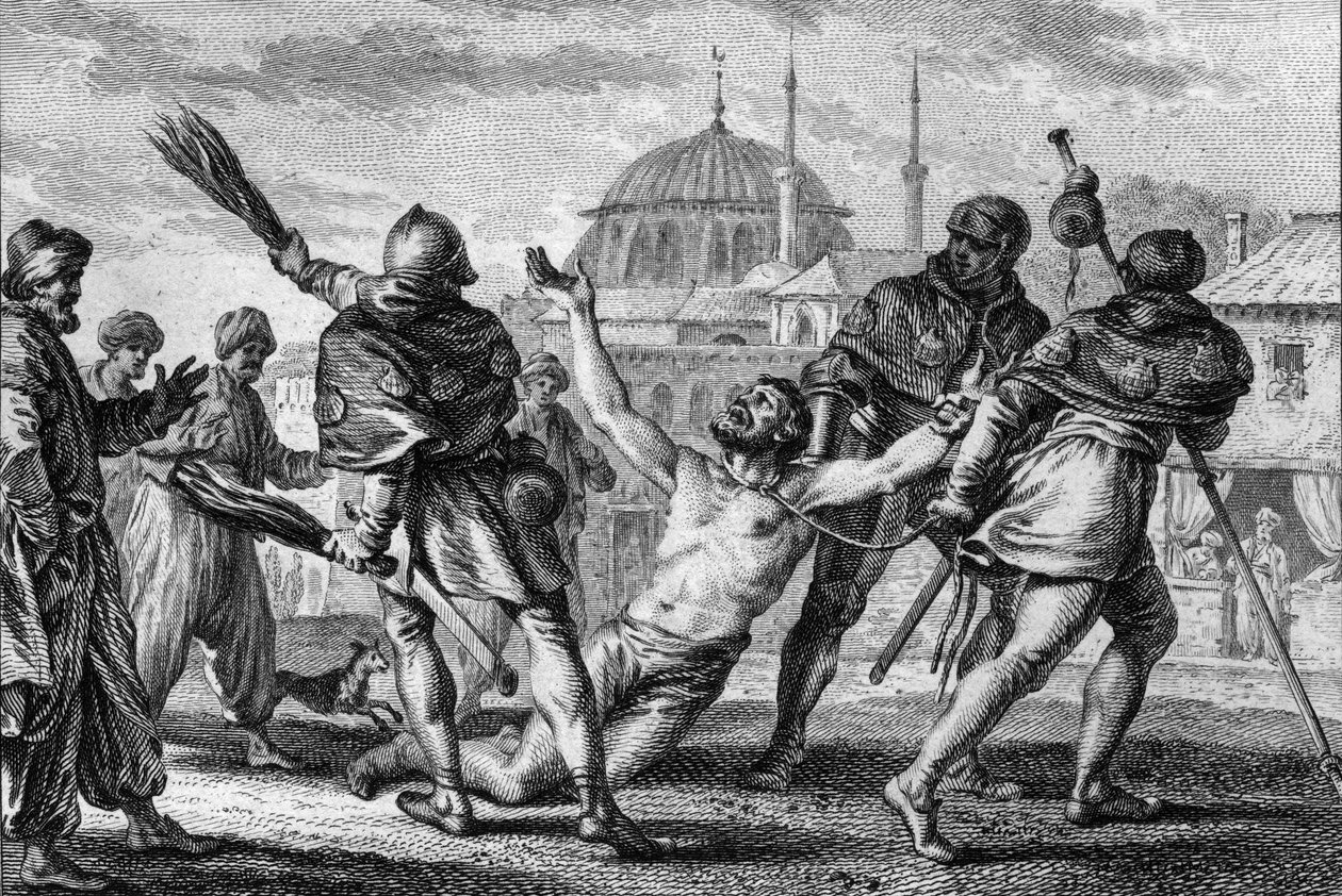 Nerra sothöns (972/987-1040), greve av Anjou, pilgrimsfärd i Jerusalem. Han dras naken, med ett rep knutet till halsen, på stadens gator, medan en av hans godsägare piskar honom med meter och ber om nåd från Gud. 1000-talet. Gravyr av Jean Mich av Jean Michel the Younger Moreau