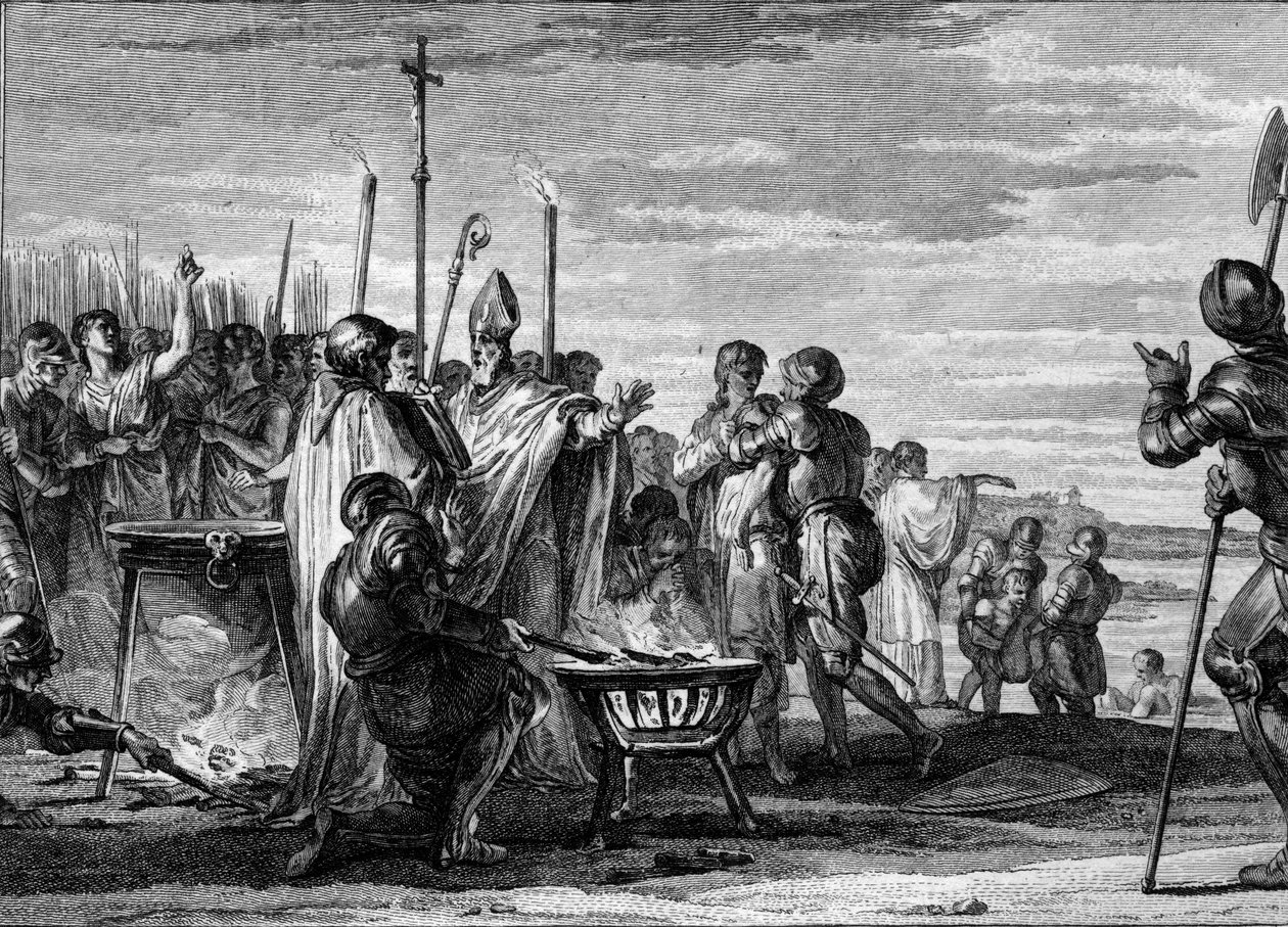 Ordalies eller "Guds domar", 877: representanterna för Ludvig av Germanien, som kom att göra anspråk på Ludvig II den skallige hälften av kungariket Lorraine, gick med på att underkasta sig testerna av varmt järn, kokande vatten och kallt vatten. Gravyr av av Jean Michel the Younger Moreau