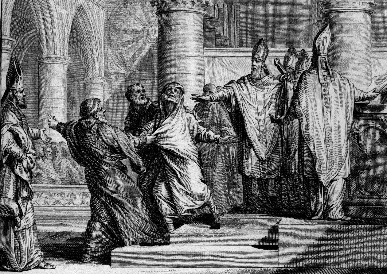 Ånger och avsättning av Ludvig I den fromme eller Debonnaire (778-840), 833: efter att ha bekännt blir kungen fråntagen kejserliga prydnadsföremål av arkeveken i Reims och täcks sedan med en påse med botgöring. Gravyr av Jean Michel Moreau, dit Moreau le J av Jean Michel the Younger Moreau