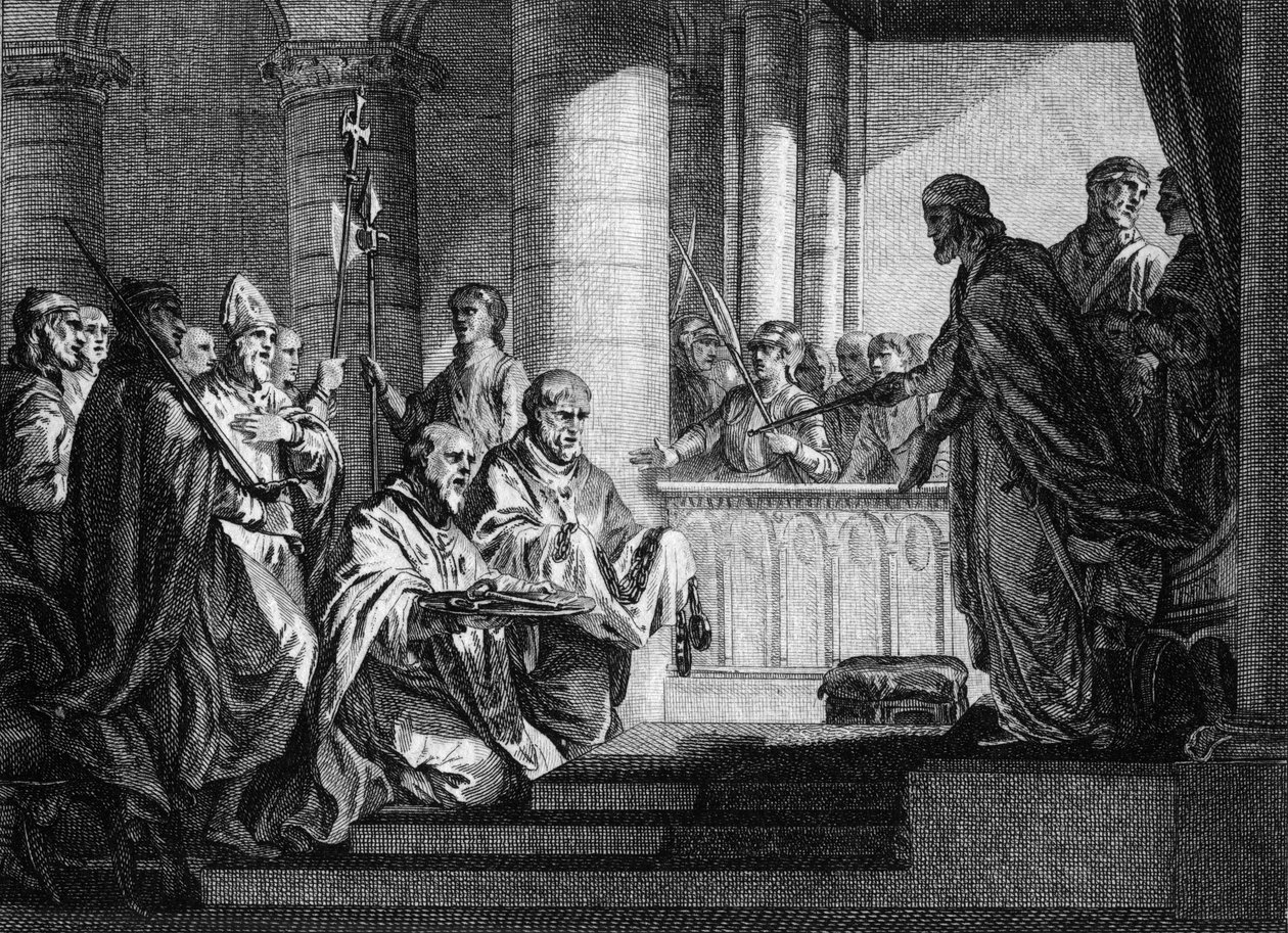 Påven Gregoire III (död 741) bad om hjälp från francens kung Charles Martel (688-741) för att slå tillbaka de lombardiska trupperna i Italien, 741. Gravyr av Jean Michel Moreau, dit Moreau le Jeune (1741-1814) av Jean Michel the Younger Moreau