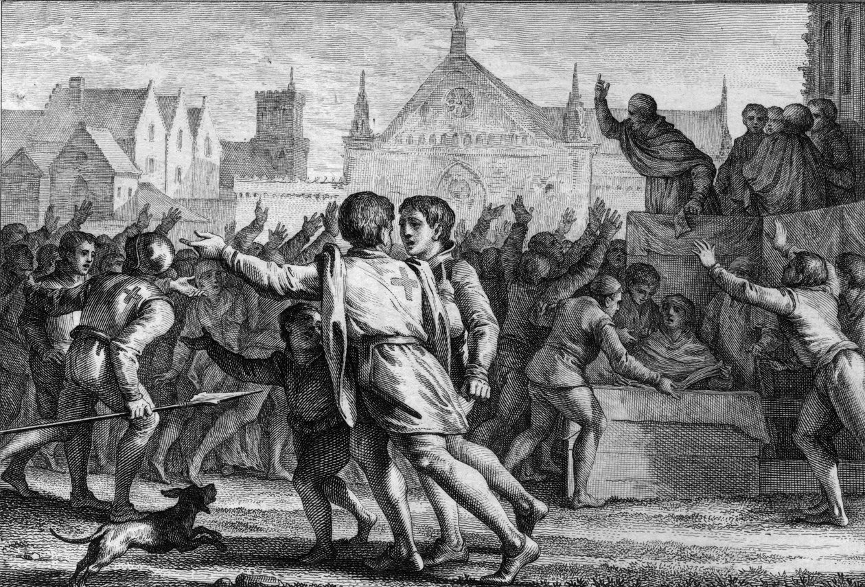 Påven Urban II (1042-1099) sörjer folkmassan vid rådet i Clermont för att uppmuntra befolkningen att delta i det första korståget och att ta emot det röda tygkorset, symbol för gravyrerna av Jean Michel the Younger Moreau