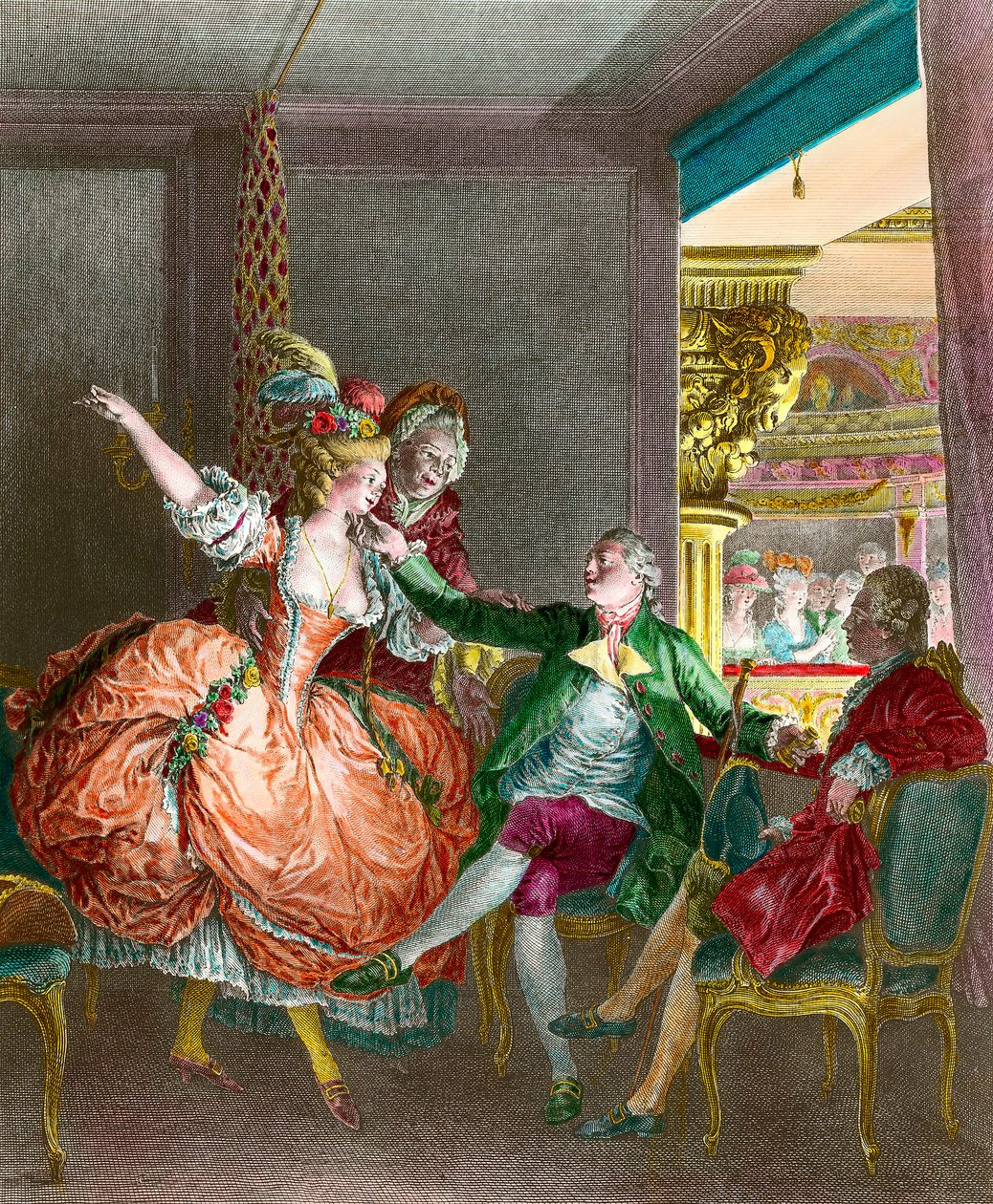 Prostitution: "" Presentationen på teatern""" En ung kvinna presenteras genom en matchmaker för en gentleman. Gravyr av Moreau le Jeune (1741-1814). 1800-talet. Privat samling av Jean Michel the Younger Moreau