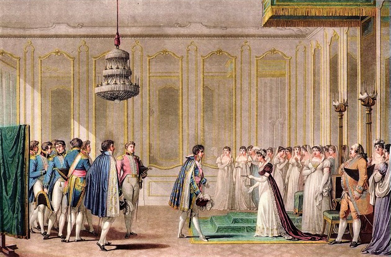 Fullmaktsförslag till äktenskap från Napoleon presenterat för kejsarinnan av Österrike av prins av Neufchatel (Louis-Alexandre Berthier) - gravyr efter Jean-Michel Moreau le jeune - I ett rum i hans lägenhet, Imperatrice Marie Louise av Österrike (Marie-Lo av Jean Michel the Younger Moreau