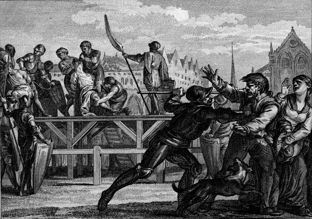 Bestraffning av Bernard, kung av Italien (ca 797-818), 818: han är död för att ha gjort uppror mot Ludvig I den fromme eller Debonnaire. Gravyr av Jean Michel Moreau, dit Moreau le Jeune (1741-1814) av Jean Michel the Younger Moreau