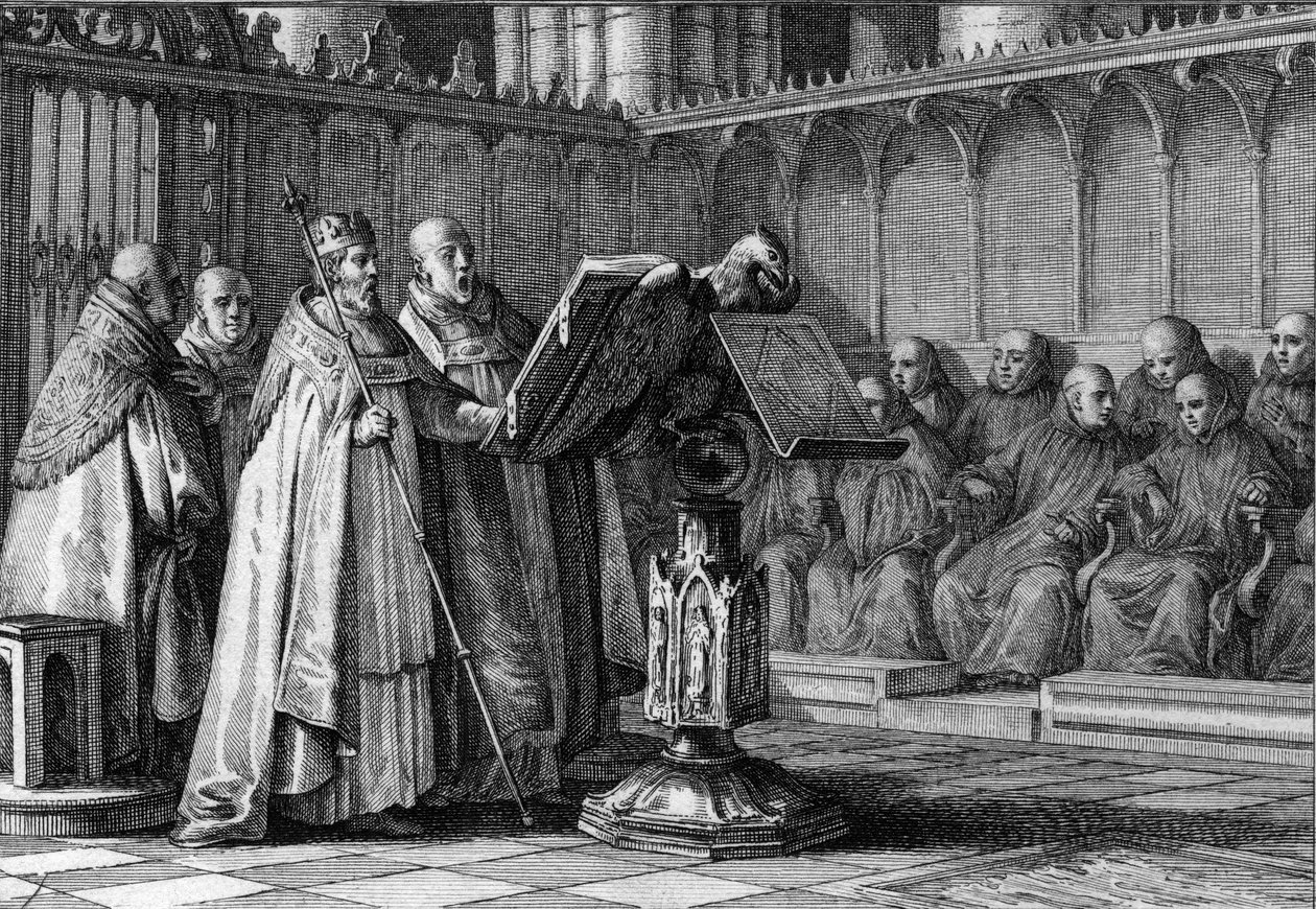 Robert II den fromme (970-1031), Frankernas kung, sjunger vid en gudstjänst framför en talarstol. Han bär sin krona och håller sin spira. Gravyr av Jean Michel Moreau, dit Moreau le Jeune (1741-1814) av Jean Michel the Younger Moreau