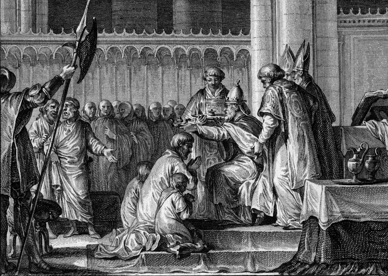 Den heliga Pepin korten (714-768), Basilica of Saint Denis, 28 juli 754: Påven Stefan II vigde honom till kung av frankerna och Patrice av romarna (Patricius Romanorum). Vid hans sida hans två söner, Carloman och Charles (den blivande Karl den Store). Grav av Jean Michel the Younger Moreau