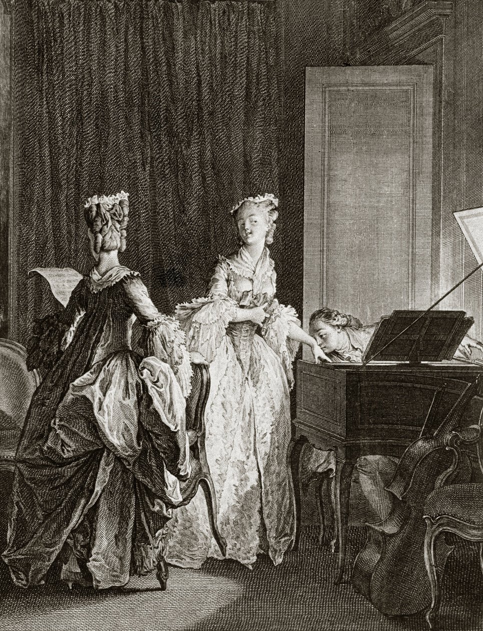 Saint Preux och Claire vid cembalo i "" Julie ou la nouvelle Heloise"" av den schweiziska filosofen Jean Jacques (Jean-Jacques) Rousseau (1712-1778) - gravyr av Moreau le jeune, Jean Michel (1741-1814) (Saint -Preux, slår sig ner vid cembalo, puss av Jean Michel the Younger Moreau