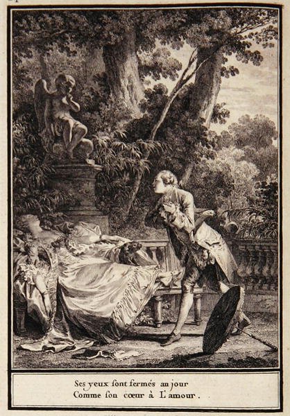 "Hennes ögon är stängda för dagen eftersom hennes hjärta har kärlek", illustration från "Choix de Chansons" av Laborde av Jean Michel the Younger Moreau