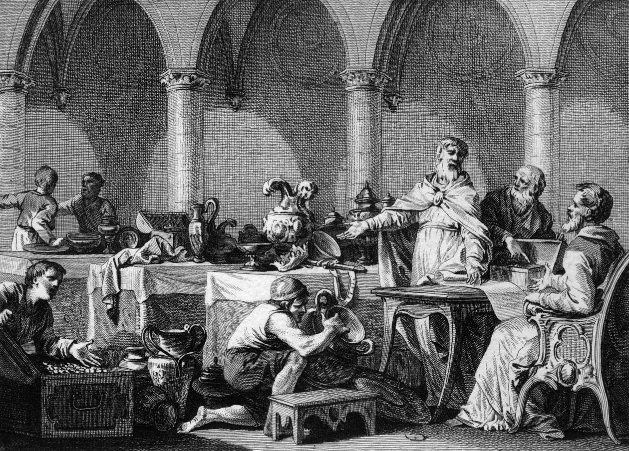 Deling av Tresors av Dagobert I (602/605-638), kung av frankerna, efter hans död, under kontroll av de två borgmästarna i Pepin Palace of Landen och Aega. Gravyr av Jean Michel Moreau, dit Moreau le Jeune (1741-1814) av Jean Michel the Younger Moreau