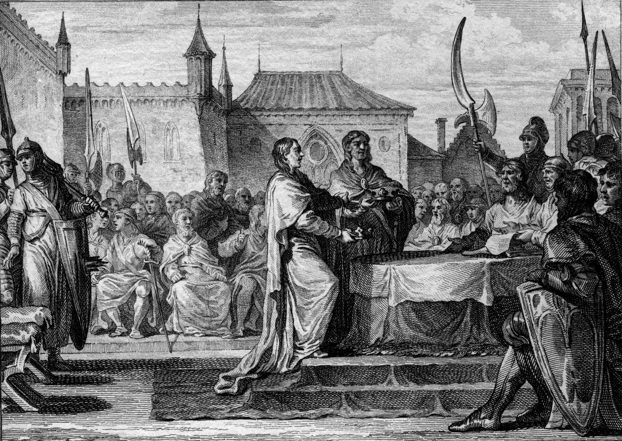 Succession av Pepin the Brief, 768: en församling beslutade att dela riket mellan hans två söner, Karl den Store (747-814) och Carloman (ca. 751-771), och därmed bryta ner de arrangemang som Pepin the Brief gjorde. Gravyr av Jean Michel Moreau, dit Moreau  av Jean Michel the Younger Moreau