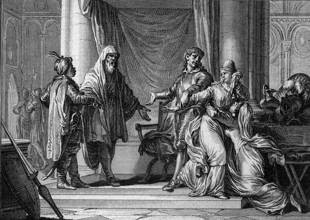Prinsessan av Aquitaine, Lampagie, tvångsgiftes av sin far (Eudes) med den moriske kaptenen Munuza (Uthman ibn Naissa) för att säkra fred med saracenerna, 730. Gravyr av Jean Michel Moreau, dit Moreau le Jeune (1741-1814) ) av Jean Michel the Younger Moreau