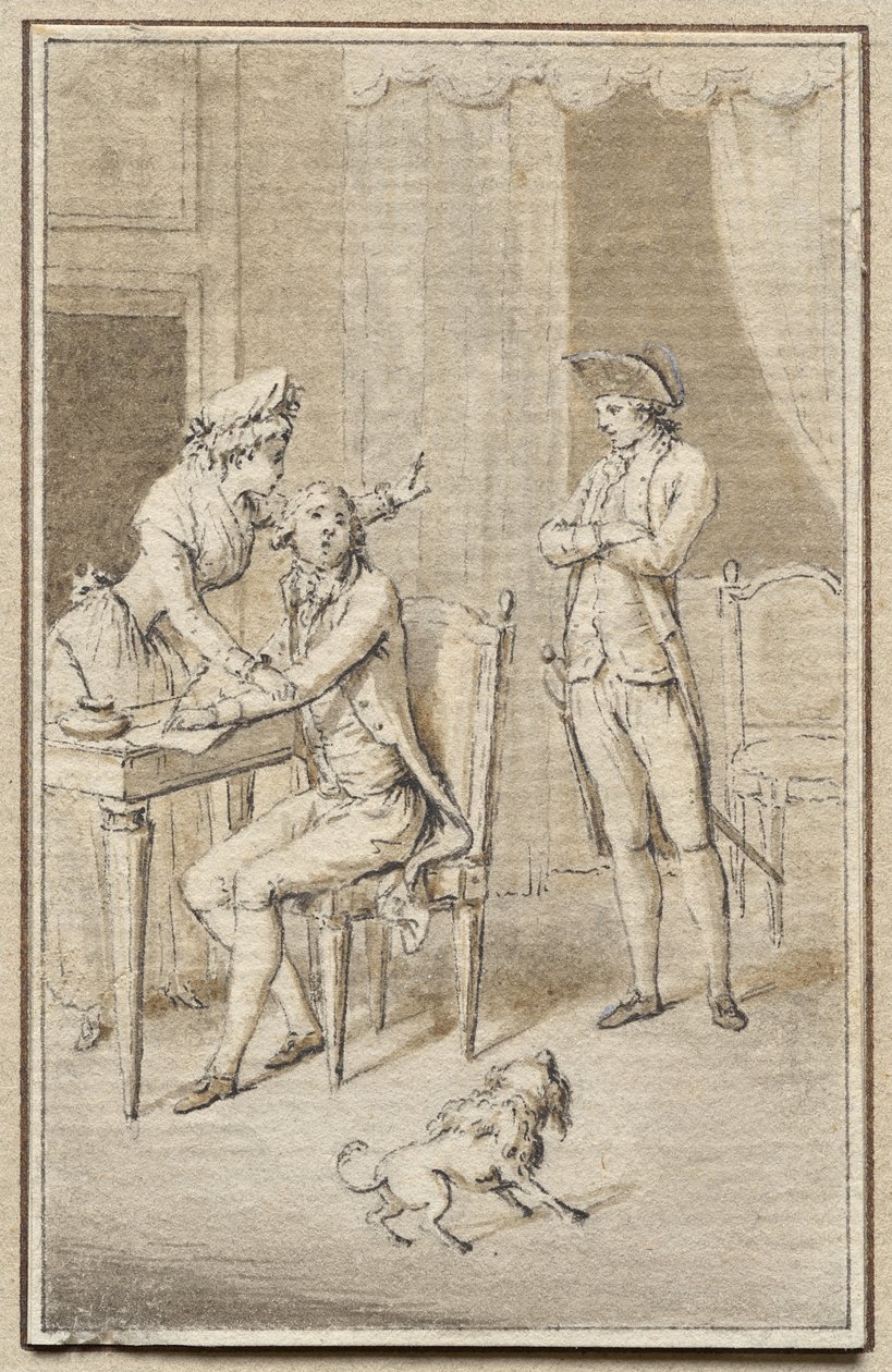 Tre figurer med en hund av Jean Michel the Younger Moreau