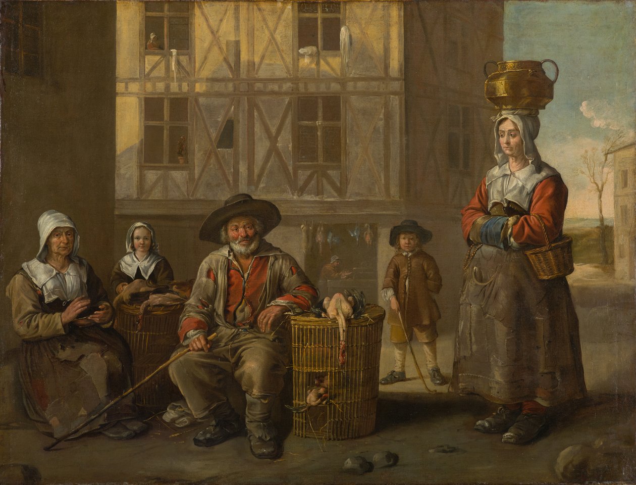En fjäderfähandlare och en gammal kvinna som värmer sina händer, cirka 1652 (olja på duk) av Jean Michelin